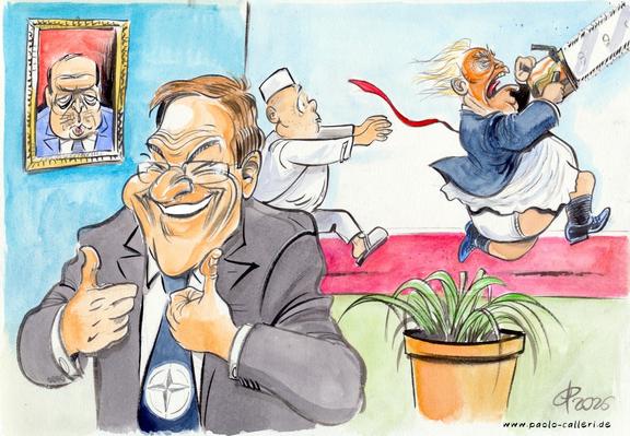 Karikatur "Bündnistreffen in Ankara. Nato-Generalsekretär Rutte steht uns breit grinsend gegenüber und reckt beide Daumen nach oben. Neben ihm an der türkisfarbenen Wand hängt ein Bildnis Erdogans. Weiter rechts im Hintergrund rennt Trump ohne Hose und mit einer Kettensäge in den Händen über den Flur. Er ist sichtlich wütend. Hinter ihm läuft ein Pfleger, der ihn einzufangen versucht.