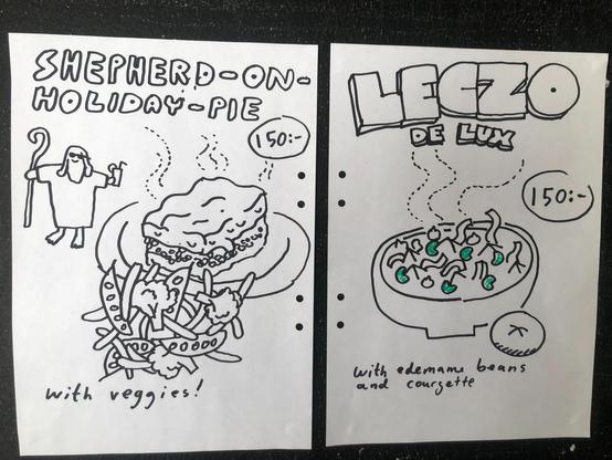 Today’s menu: sheperd’s pie (to the left) and leczo de lux (to the right). Drawing made by peanut