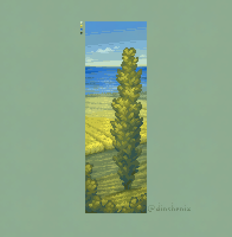 horizontal strip of pixel art illustration showing a poplar tree in front of a canola field, the sea visible in the background