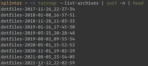 partial list of tarsnap snapshots, starting from 2017