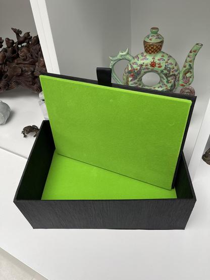 A grey box with a lime coloured interior