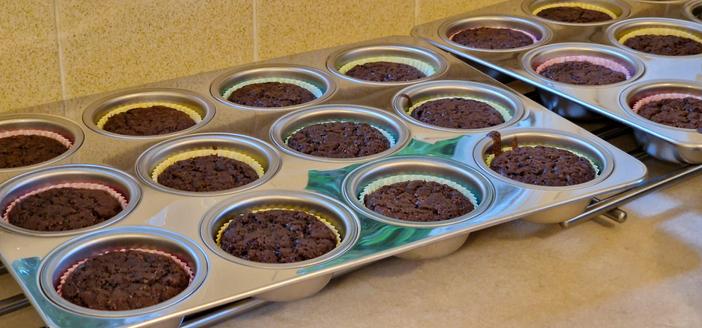 Two trays of chocolate mint cupcakes.