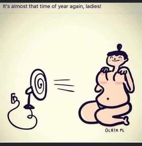 it's that time of year again ladies 

relatable drawing of someone using a fan to cool under their boobs