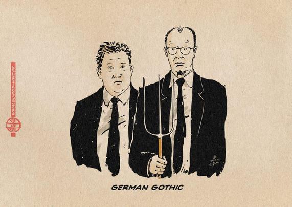 Illustration eines Bildzitates von „American Gothic“ (1930) von Grant Wood in welchem Klingbeil hinter Merz steht, der eine Mistgabel hält. Textzeile: German Gothic