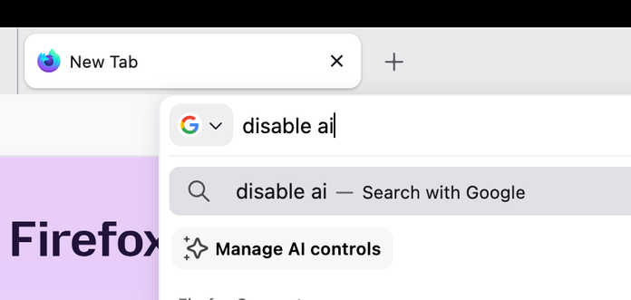 Screenshot of user typing "disable ai" in firefox urlbar