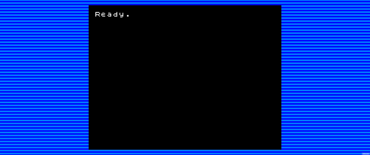 A black 4x3 virtual display with the white text "Ready." written in the ZX Spectrum font. The virtual display is surrounded by #00f and #0080ff blue stripes filling the rest of a 3440x1440 canvas.