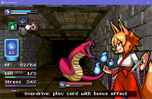 a blobber style dithered 3D maze with a fox girl fighting a big red snake with tanto and fox spirit magic. in the top left there is a four way menu with the cursor pointing to the right icon indicating a flaming man. at the bottom of the screen there is an info bar that says "Overdrive: play card with bonus effect"