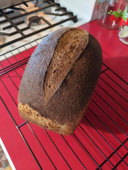 A loaf of bread on a wire cooling rack, seen from above at an angle. Bread is a sandwich loaf with a score mark down the center of its top, dark brown crust.