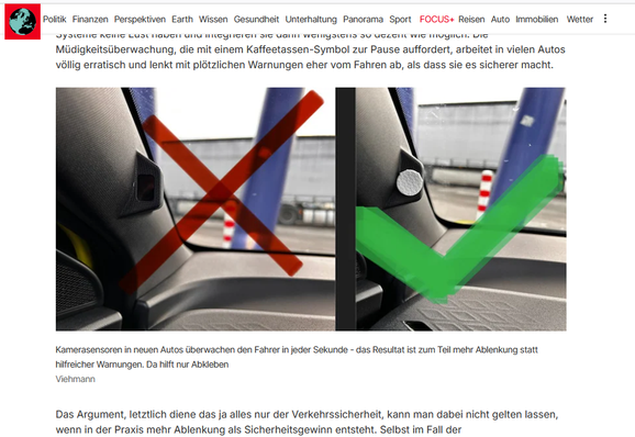 Screenshot eines Focus.de Beitrags in dem gezeigt wird, wie man Sicherheitskameras im Auto abklebt.