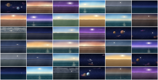 A 6x6 grid of example skies made with javascript. The skies are stretched and designed to wrap on the inside of a sphere for use in videogames.