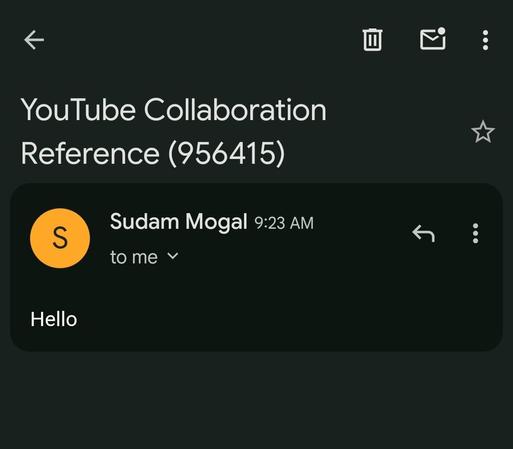An email Flo received to her public email address. The subject is "YouTube Collaboration Reference (956415)" and the body reads "Hello".