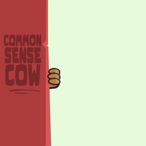 A cartoon of 'Common Sense Cow' appearing around a corner with a sign that says 'shocker' in its "hand" and looking unsurprised.