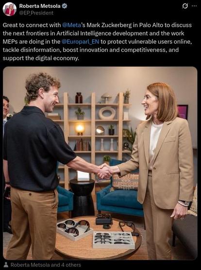 A screenshot of a post by Roberta Metsola showing a photo of Mark Zuckerberg shaking hands with Roberta Metsola, both smiling happily.