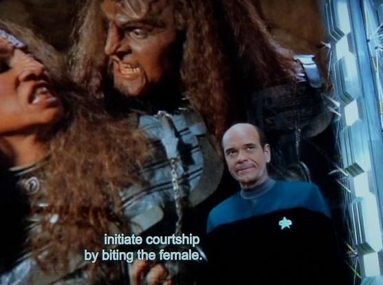 Star Trek Voyager scene. Ok, so we see the EMH doc in uniform standing in front of what must be like a movie theater sized screen just behind him. On that screen is two Klingons in their Klingon military uniforms with long hair and forehead ridges. The Klingons are looking at each other and snarling and kind of intertwined. Closed caption reads, "initiate courtship by biting the female."