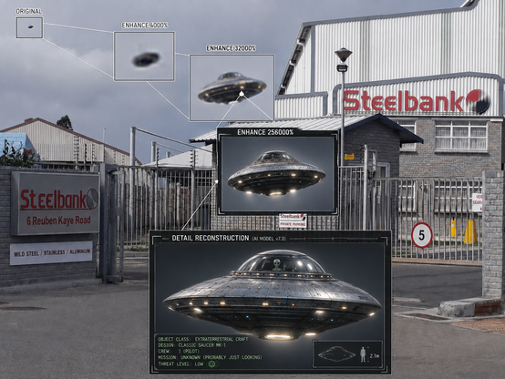 A gray, overcast photo shows the entrance to an industrial facility called Steelbank. Metal gates and fencing fill the foreground, with factory buildings, signs, and a speed-limit sign marked “5” behind them.

Over the photo is an intentionally ridiculous crime-show-style “image enhancement” sequence. In the upper-left sky, a tiny dark speck is labeled “ORIGINAL.” Thin white lines connect it to a series of larger boxes:

“ENHANCE 4000%” shows a fuzzy oval.
“ENHANCE 32000%” turns it into a blurry flying saucer.
“ENHANCE 256000%” reveals a polished metallic UFO with lights.
A huge final panel labeled “DETAIL RECONSTRUCTION” shows an impossibly sharp spacecraft, complete with metal seams, glowing lamps, and a small gray alien waving from inside the glass dome.

The bottom panel includes fake technical readouts such as “OBJECT CLASS: EXTRATERRESTRIAL CRAFT,” “CREW: 1,” and “MISSION: UNKNOWN, PROBABLY JUST LOOKING.” The joke is that a nearly featureless speck has been “enhanced” into absurdly precise detail that no real technology could recover.