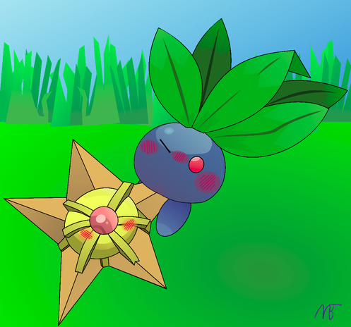 Stylized SVG graphics of a oddish humping a staryu in some grass. Both are blushing