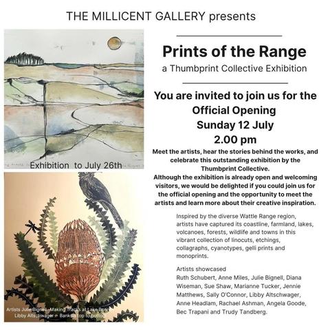 A digital flier for the gallery exhibition "Prints of the Range" presented by the Millicent Gallery. The event is the official opening on Sunday 12 July 2:00pm.