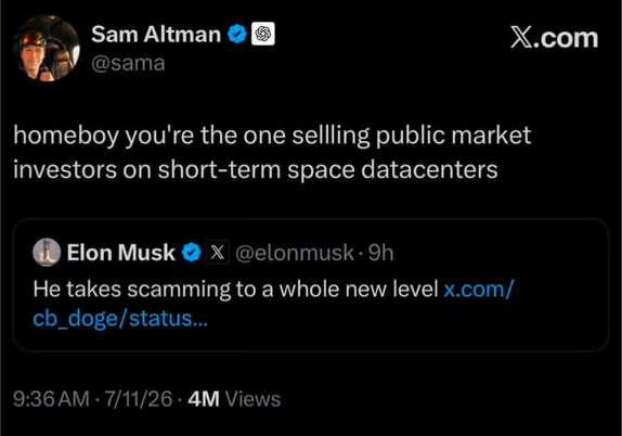 in which Sam Altman reminds Elon musk that he has promised space datacenters to puff his stock