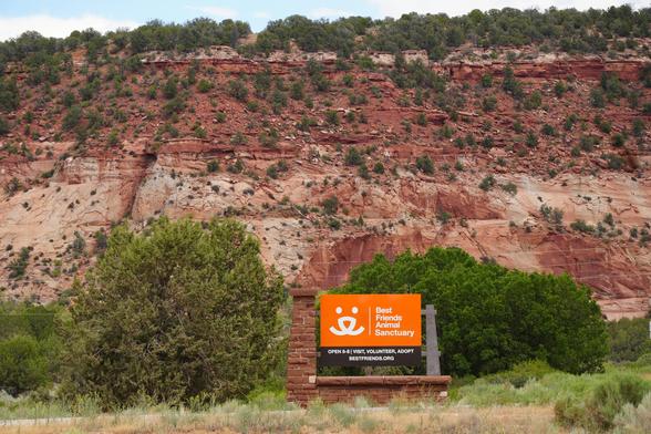 The entrance sign for the Best Friends Animal Sanctuary. It's surrounded by the red rock of the southern Utah desert