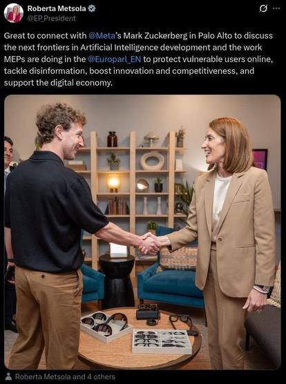 Roberta Metsola, President of the European Parliament, shaking hands with Mark Zuckerberg, CEO of Meta, just days before the European Commission found Instagram and Facebook to be "in breach of the Digital Services Act"