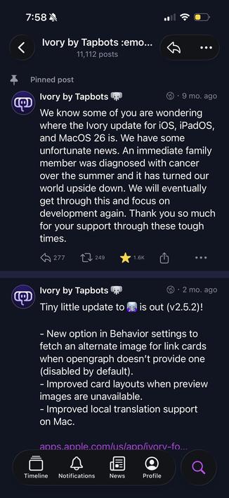 The “posts” view of the Ivory account on Ice Cubes. The most recent post is from 2 months ago, and is a direct post.