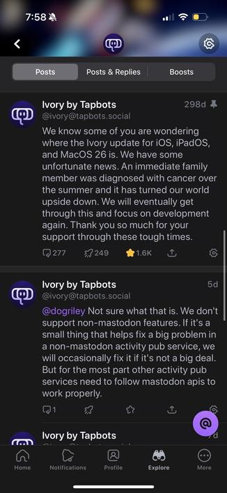 The “posts” view of the Ivory account on Ivory. The most recent post is from 5 days ago, and is a reply to another user’s post.