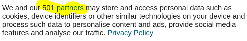 Cookie consent from a national newspaper, with the 501 partners they share data with highlighted.