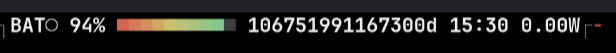 progress bar showing 94% battery, time until full: 106751991167300d 15:30, rate: 0.00W