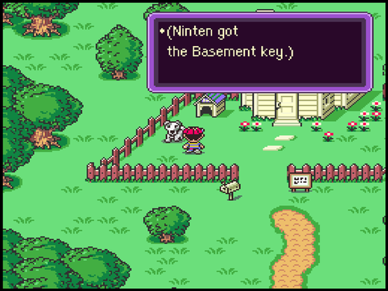 screenshot of SNES-style Earthbound romhack to implement Mother 1, protagonist is outside his house looking at dog, dialog box "Ninen got the Basement Key"