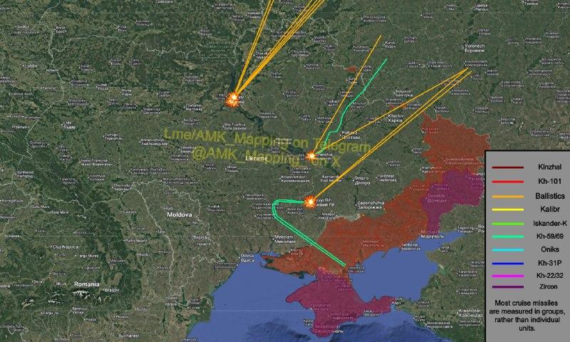 Last night, #Russia launched another large-scale, combined missile and #drone attack on #Ukraine. Missiles launches: ~4 Iskander-M/S-400 ballistic missiles launched from OTRK installations near Bryansk City, Bryansk Oblast. ~2 Iskander-M/S-400 ballistic missiles launched from OTRK installation(s) northwest of Klintsy, Bryansk Oblast. ~1 Iskander-M/S-400 ballistic missile launched from an OTRK installation in #Kursk Oblast. ~3 Kn-23 ballistic missiles launched from near Liski, Voronezh Oblast.