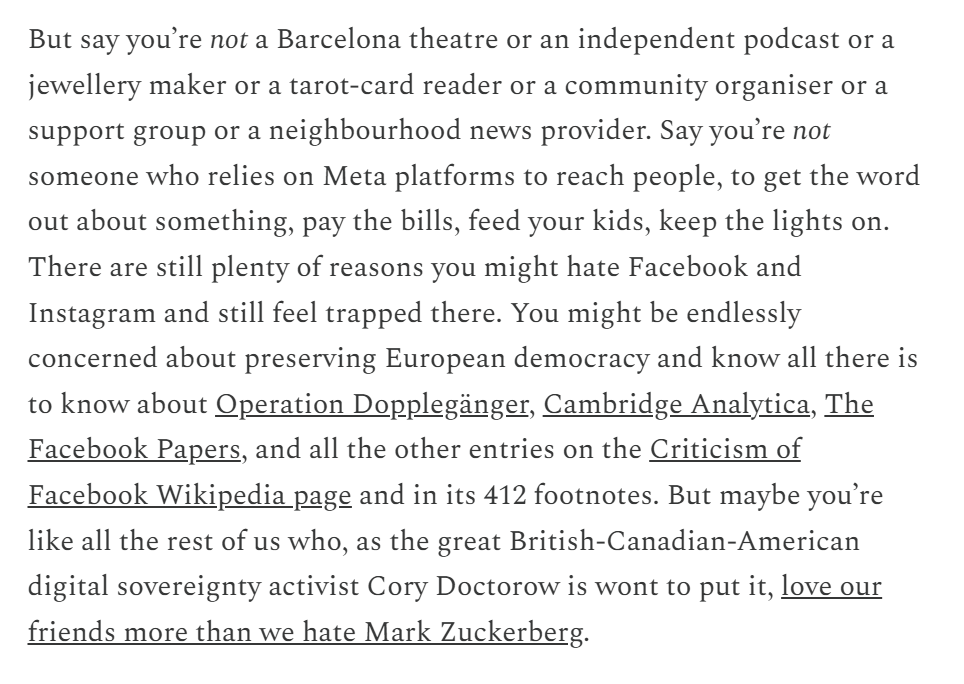 A Spanish theatre got banned from Meta ads because the play related to feminism. To quote this weeks newsletter: "When are we getting off Meta? Where are we going? And *how good is it going to feel when we are finally gone*?" #europe #eu #socialmedia #usa