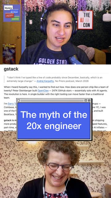 Two people are speaking with each other on a horizontally split screen. Alex is a brown trans woman with short curly black hair, wearing a dark blue shirt that says “Golden State Valkyries” and is in a room with purple and pink flowers hanging down from the ceiling. Emily is a white cis woman with curly brown hair, wearing glasses and a floral print shirt with a black cardigan. The wall behind her has a white wallpaper with a light purple floral pattern on it. Later in the video, they are looking at a screen capture of a Github page, which contains a series of folders listed and sections with text.