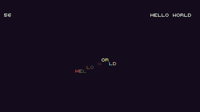 A C program is run on linux from shell. It create a fullscreen bitmap colored text mode interface. A number around 60 is displayed on top left. A "HELLO WORLD" white on black text is float from top right to bottom left. A multi-color and wave animated "HELLO WORLD" is display on center of screen. Program generate a square wave based stereo background music with minimal audio effects.