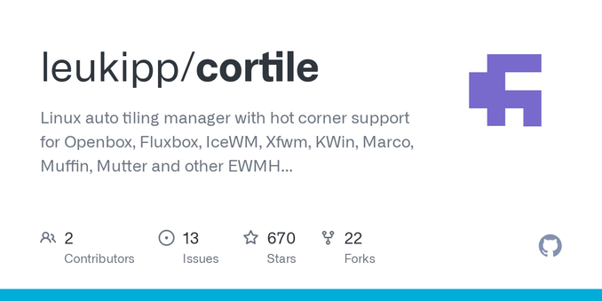   Linux auto tiling manager with hot corner support for Openbox, Fluxbox, IceWM, Xfwm, KWin, Marco, Muffin, Mutter and other EWMH compliant window managers using the X11 window system. Therefore, t...