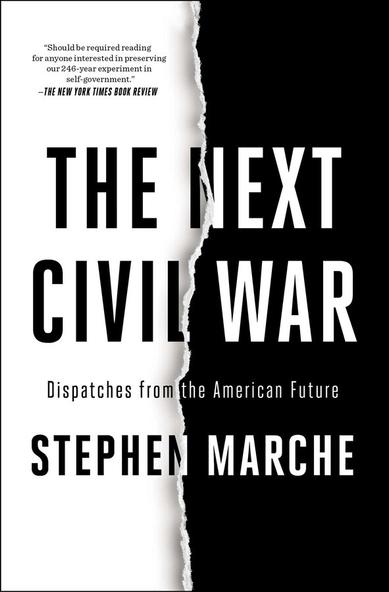 Book cover in black and white, devided by a vertical rupture in the middle, the left being black on white, the right being white on black.

Caption:
"The Next Civil War

Dispatches from the American Future

By Stephen Marche

About The Book

“Should be required reading for anyone interested in preserving our 246-year experiment in self-government.” —The New York Times Book Review * “Well researched and eloquently presented.” —The Atlantic * “Delivers Cormac McCarthy-worthy drama; while the nonfictional asides imbue that drama with the authority of documentary.” —The New York Times Book Review

A celebrated journalist takes a fiercely divided America and imagines five chilling scenarios that lead to its collapse, based on in-depth interviews with experts of all kinds.

The United States is coming to an end. The only question is how."

Source:

https://www.simonandschuster.com/books/The-Next-Civil-War/Stephen-Marche/9781982123222

