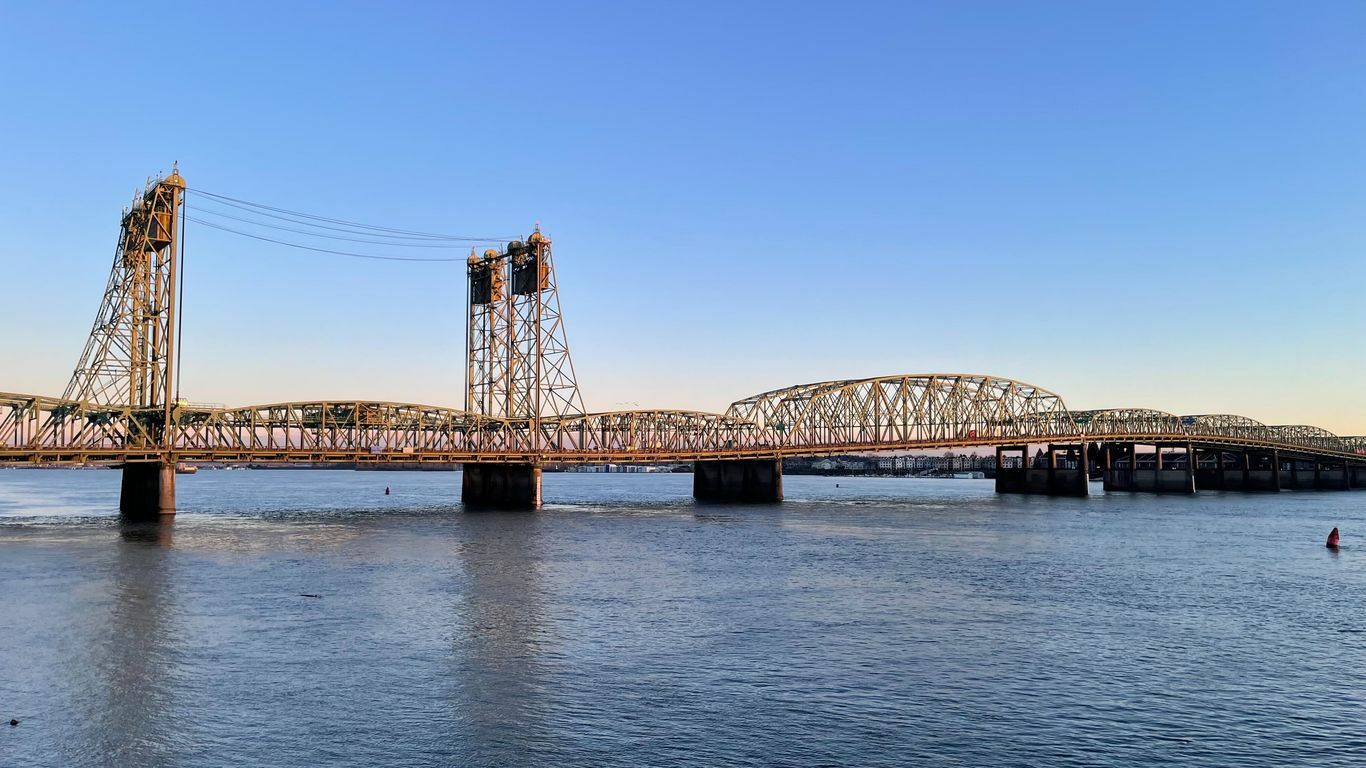 The Interstate 5 bridge over the Columbia river is shown with a clear blue sky