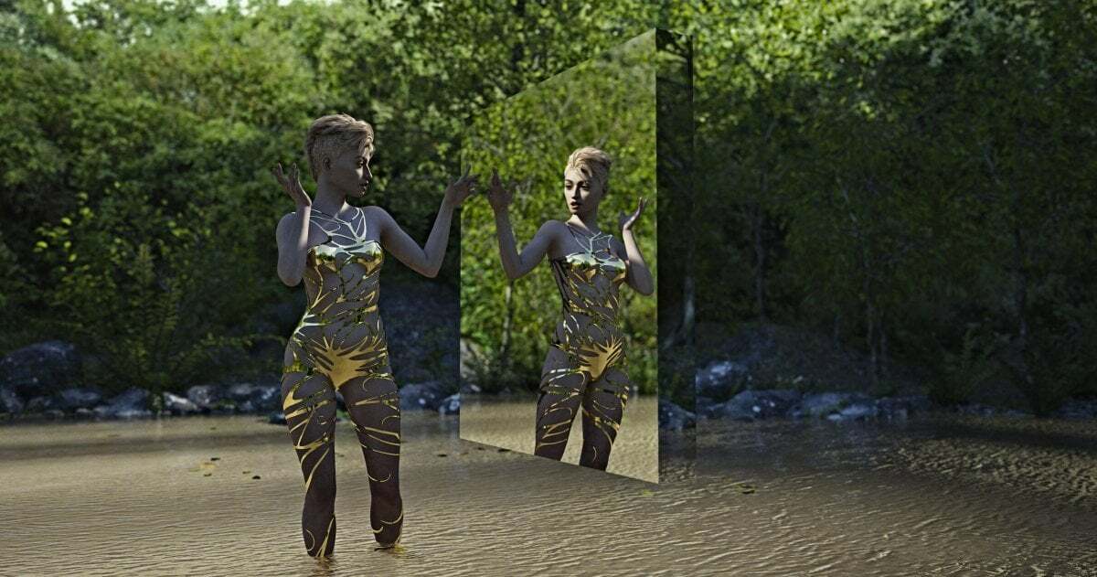 Eine datengenrierte Frauenfigur steht in einem Fluss und betrachtet sich dabei in einem virtuellen Spiegel.
