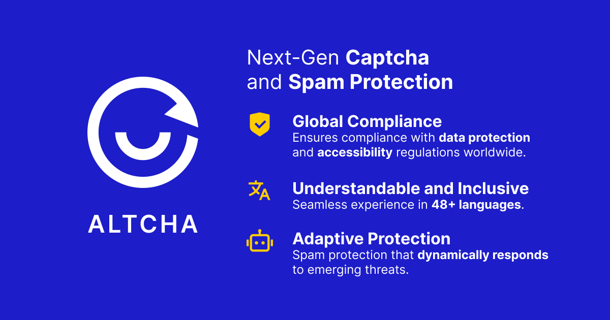 GDPR, WCAG 2.2 AA, and EAA compliant, self-hosted CAPTCHA alternative with PoW mechanism and advanced anti-spam filter. - altcha-org/altcha