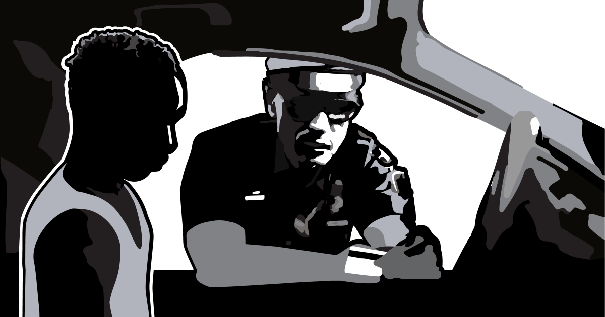 In this illustration, a police officer looks at the Driver’s License of a black young adult