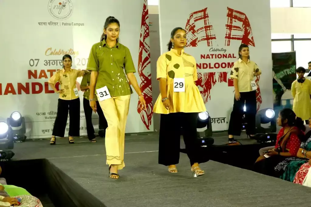 Models displaying cloths made from Khadi at an ethnic fashion show held on National Handloom Day in Patna.