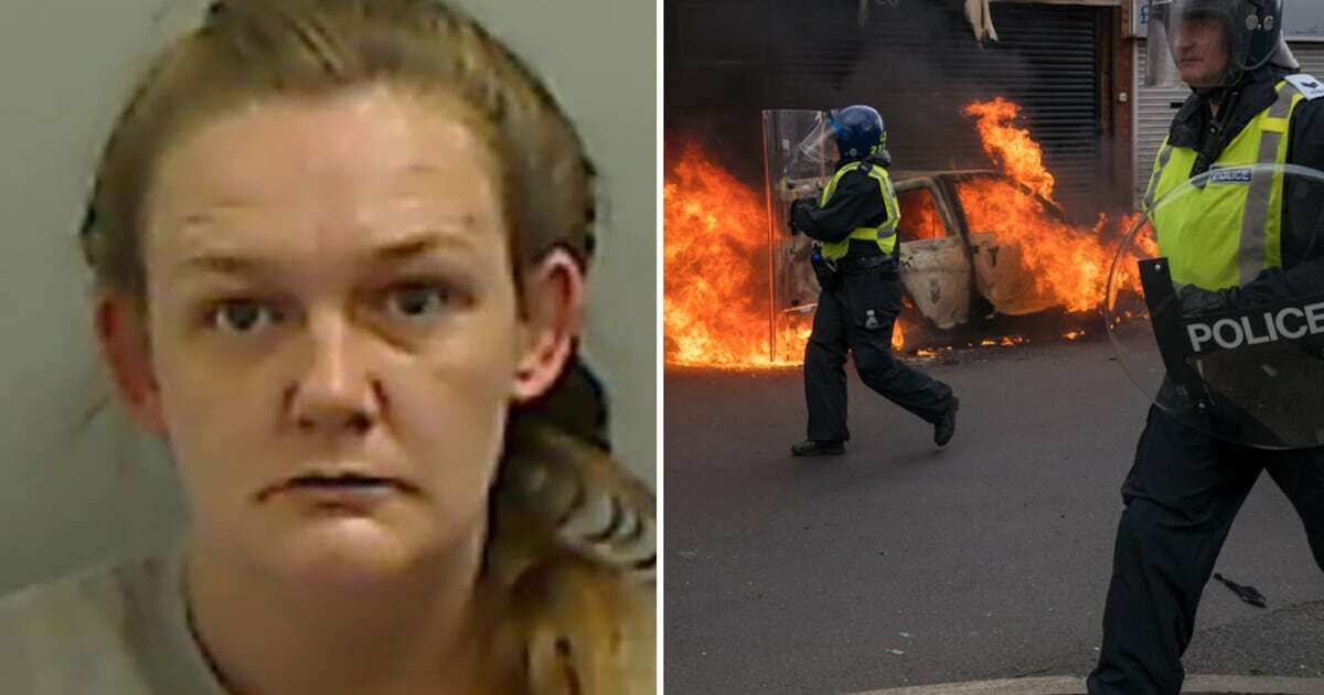 Stacey Vint, 34, left, has been jailed for 20 months for her involvement in riots in Middlesbrough. Right: A car burns after it was set alight by the far-right during a demonstration in the town. PA