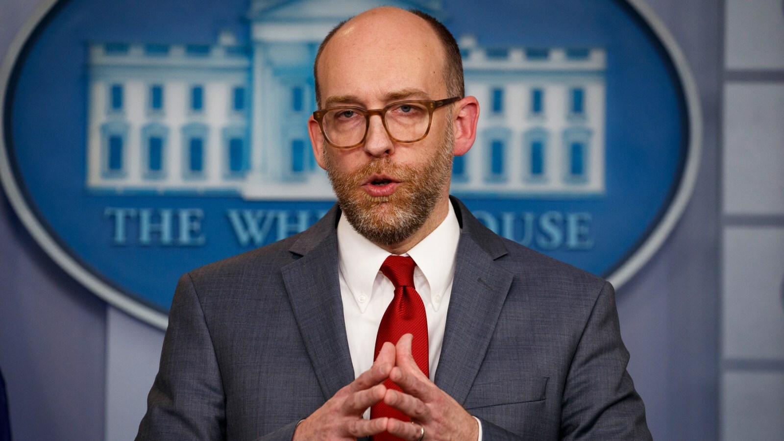 Acting Office of Management and Budget director Russ Vought speaks during the daily press briefing at the White House, Monday, March 11, 2019, in Washington. (AP Photo/ Evan Vucci)