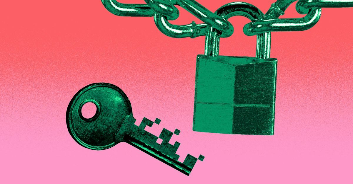 Illustration of a pixelated key next to a padlock and chain, implying online data security.