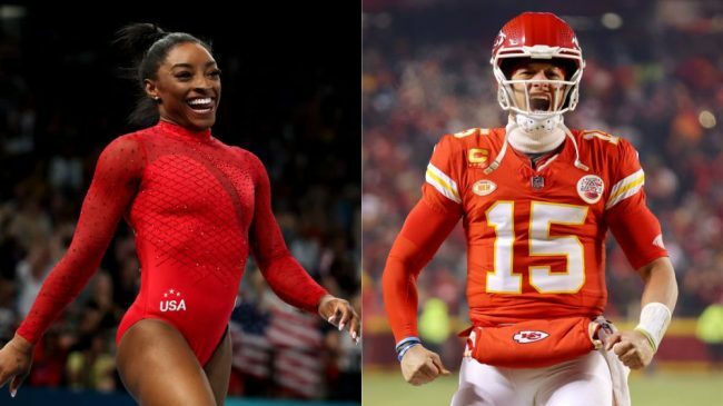 A split image of Simone Biles and Patrick Mahomes