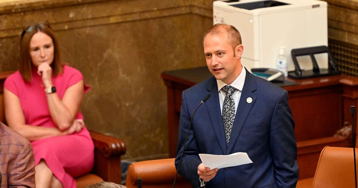 Rep. Jordan Teuscher, R-South Jordan, speaks in the House as Utah’s legislature holds a special session to consider an initiative constitutional amendment at the Capitol in Salt Lake City on Wednesday, Aug. 21, 2024.