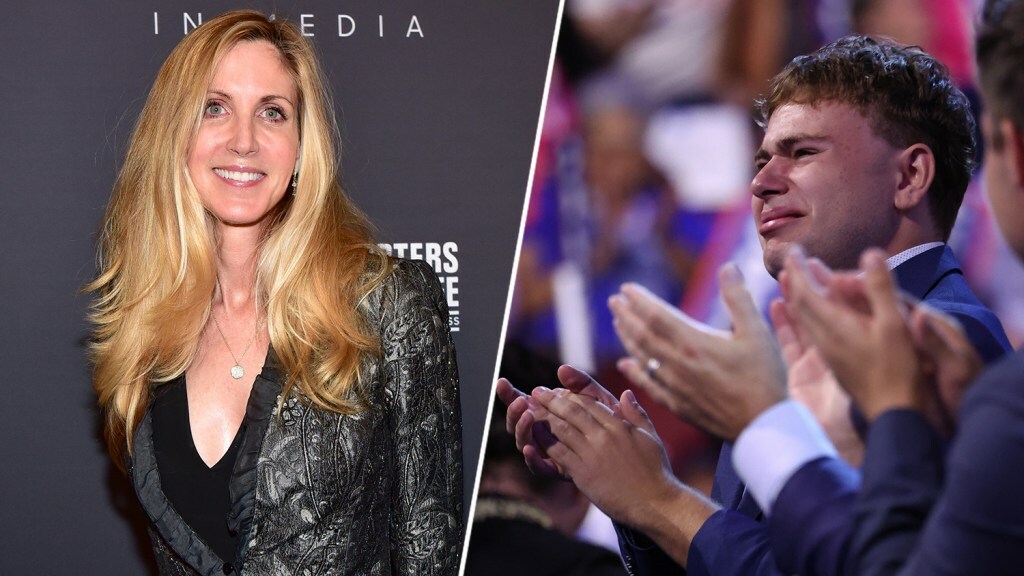 Ann Coulter smiles on a red carpet; Gus Walz tearfully applauds at DNC 2024