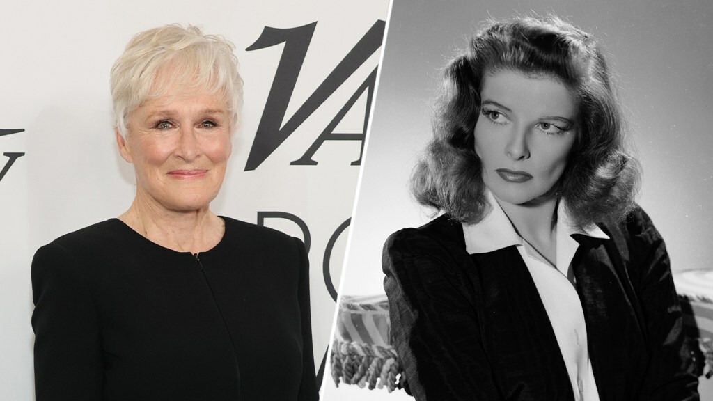 Glenn Close smiles on a red carpet; a black-and-white photo of Katherine Hepburn