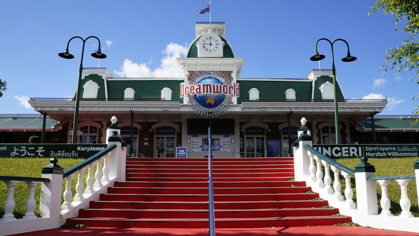 The entrance to the Dreamworld theme park on the Gold Coast, Australia, is photographed on June 17, 2020. (Dave Hunt/AAP Image via AP)