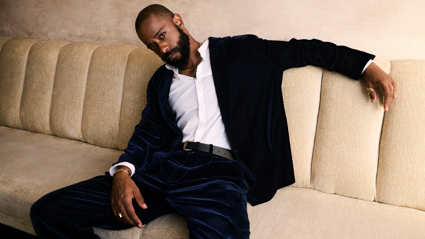 LaKeith Stanfield models in a new campaign for the collaboration between Giorgio Armani and Kith.