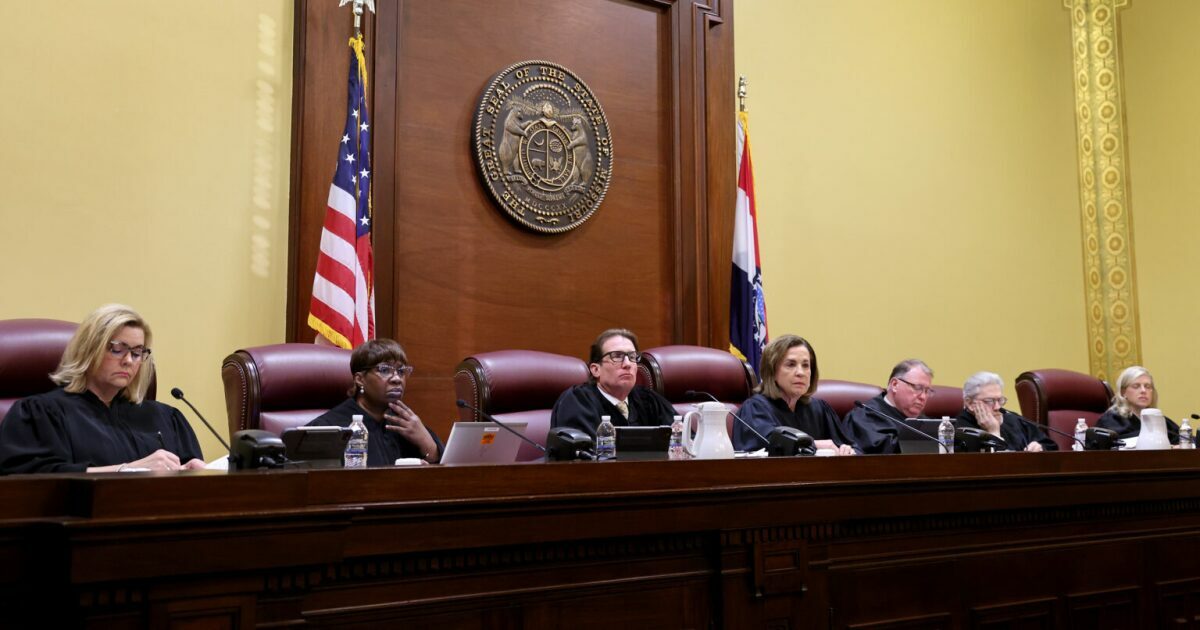 The Missouri Supreme Court takes the bench on Tuesday, Sept. 10, 2024 in Jefferson City to hear a case questioning whether an amendment to overturn the state's abortion ban will remain on the states November ballot. From left are Judges Kelly C. Broniec, Robin Ransom, W. Brent Powell, Chief Justice Mary R. Russell, Zel. M. Fischer, Paul C. Wilson and Ginger K. Gooch.